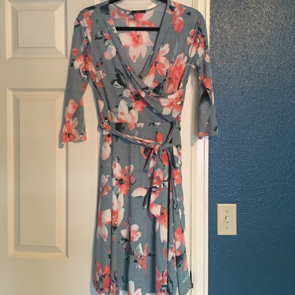 Floral, 3/4 Sleeve Faux Wrap Dress